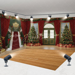 Aperturee - Aperturee Grand Christmas Ballroom Room Set Backdrop Red Carpet Staircase with Green Walls Elegant Holiday Photo Studio