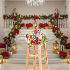 Aperturee - Aperturee Grand Christmas Staircase Photography Backdrop Nutcrackers and Poinsettia Decor Elegant Holiday Background
