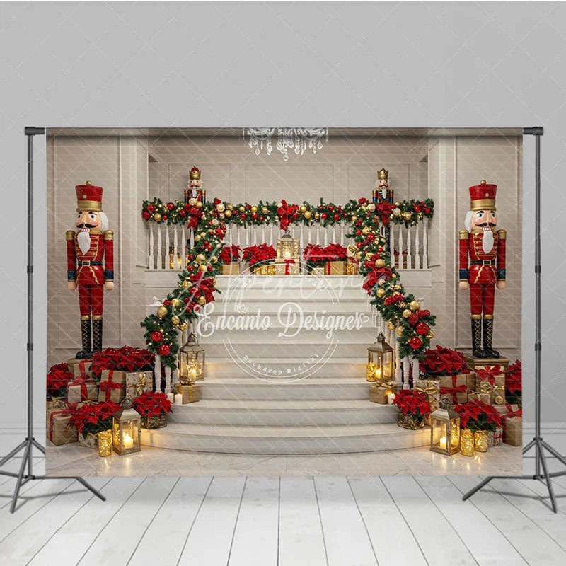Aperturee - Aperturee Grand Christmas Staircase Photography Backdrop Nutcrackers and Poinsettia Decor Elegant Holiday Background