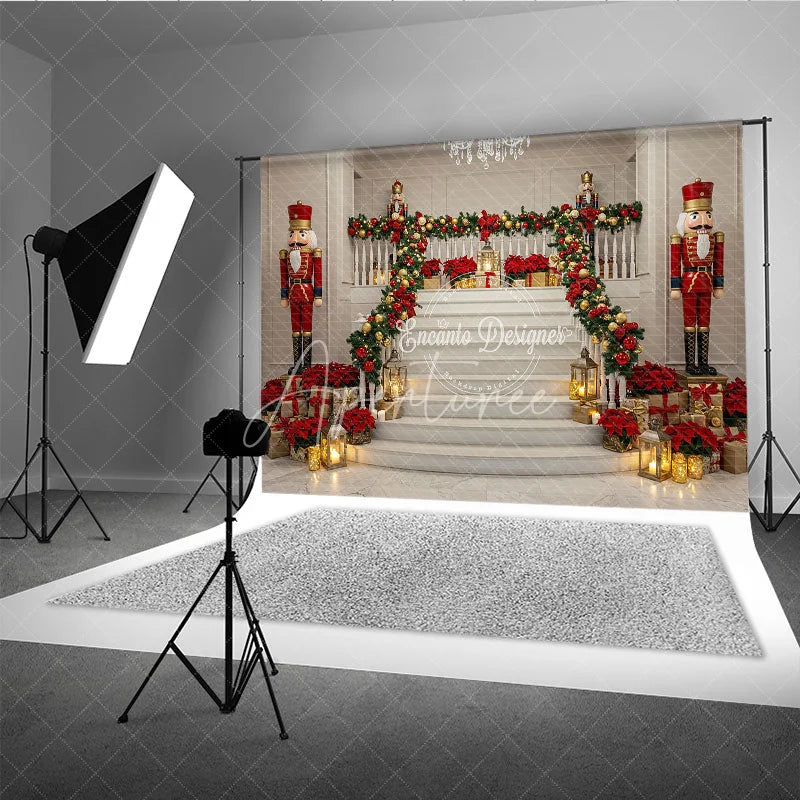 Aperturee - Aperturee Grand Christmas Staircase Photography Backdrop Nutcrackers and Poinsettia Decor Elegant Holiday Background