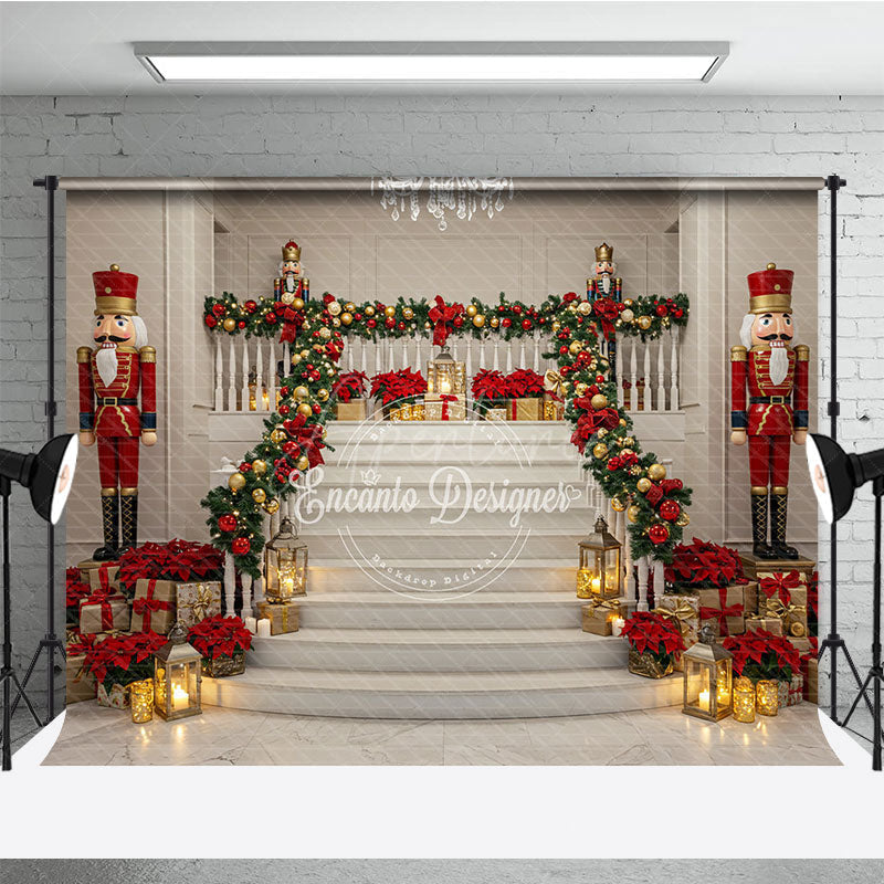 Aperturee - Aperturee Grand Christmas Staircase Photography Backdrop Nutcrackers and Poinsettia Decor Elegant Holiday Background