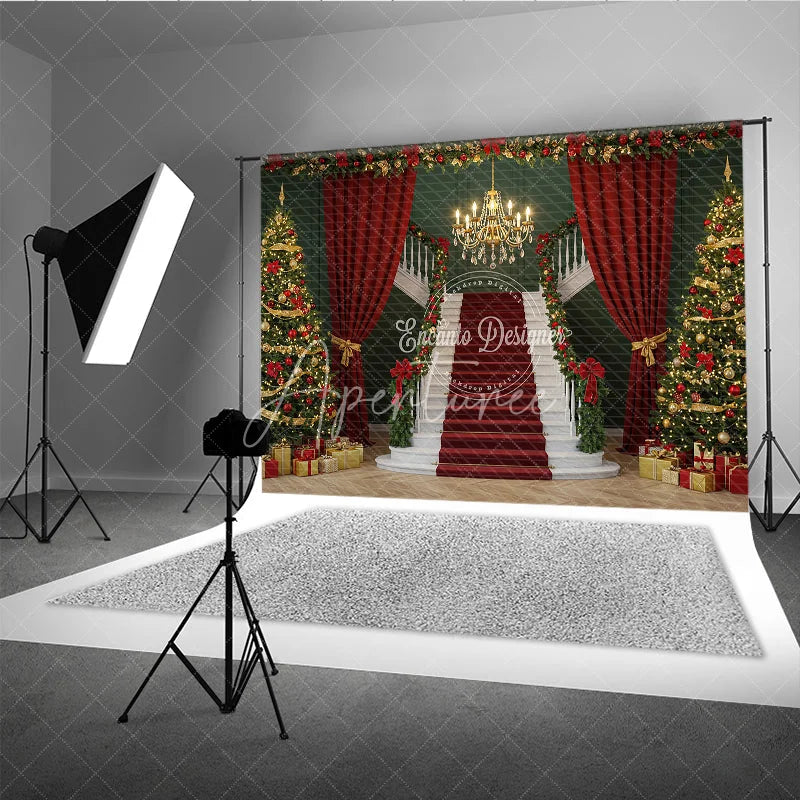 Aperturee - Aperturee Grand Christmas Staircase Photography Backdrop Red Carpet with Green Walls Elegant Holiday Photo Background