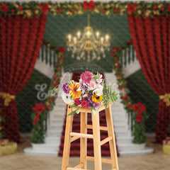 Aperturee - Aperturee Grand Christmas Staircase Photography Backdrop Red Carpet with Green Walls Elegant Holiday Photo Background