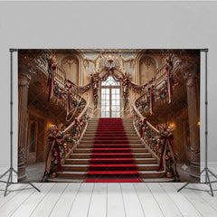 Aperturee - Aperturee Grand Christmas Staircase Photography Backdrop with Red Carpet and Gold Ornaments Elegant Holiday Party Decor