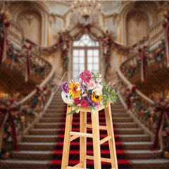 Aperturee - Aperturee Grand Christmas Staircase Photography Backdrop with Red Carpet and Gold Ornaments Elegant Holiday Party Decor