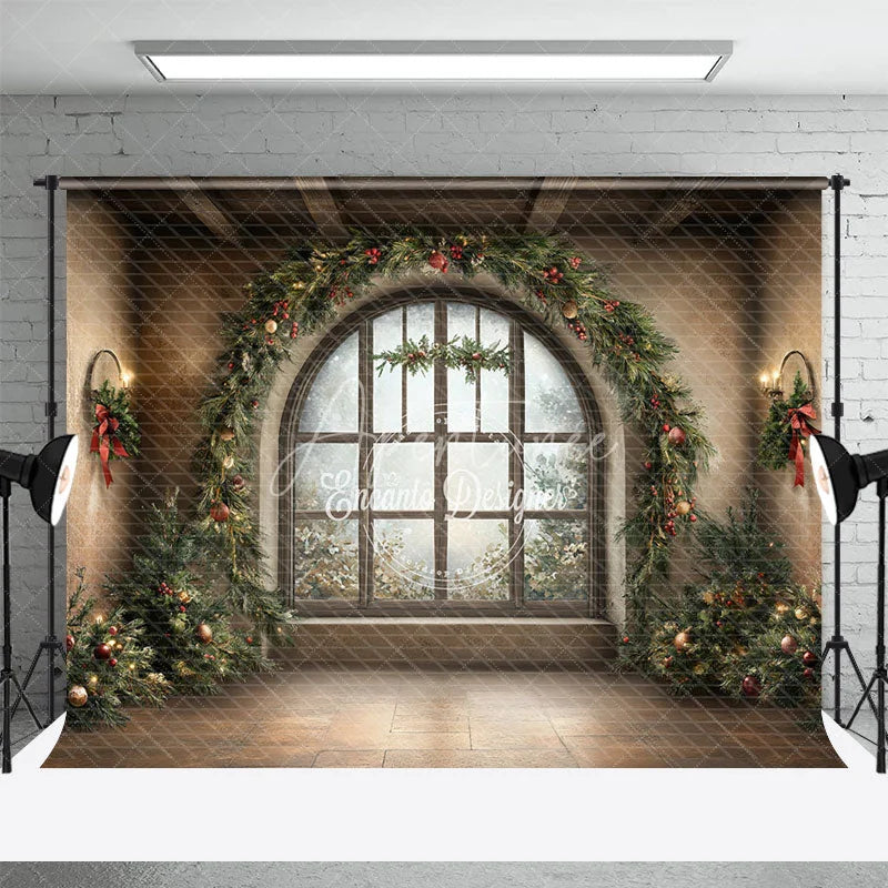 Aperturee - Aperturee Grand Christmas Window Combo Set Backdrop Rustic Room with Holiday Garland Festive Braided Rug Photo Floor