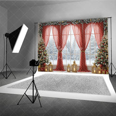 Aperturee - Aperturee Grand Christmas Window Photography Backdrop Red Curtains with Snowy View Elegant Holiday Mini Session Background