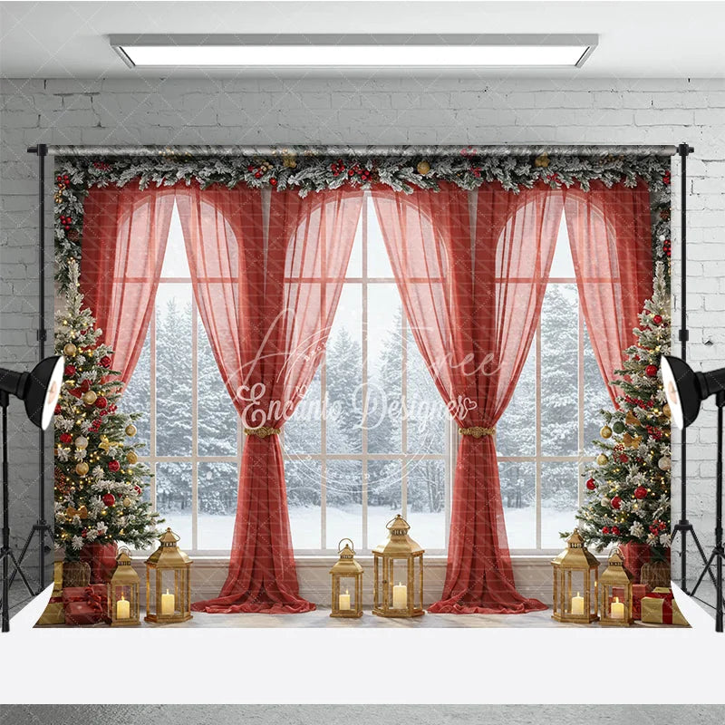 Aperturee - Aperturee Grand Christmas Window Photography Backdrop Red Curtains with Snowy View Elegant Holiday Mini Session Background