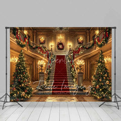 Aperturee - Aperturee Grand Palace Christmas Backdrop Red Carpet Staircase Gold Mansion Interior Photo Background