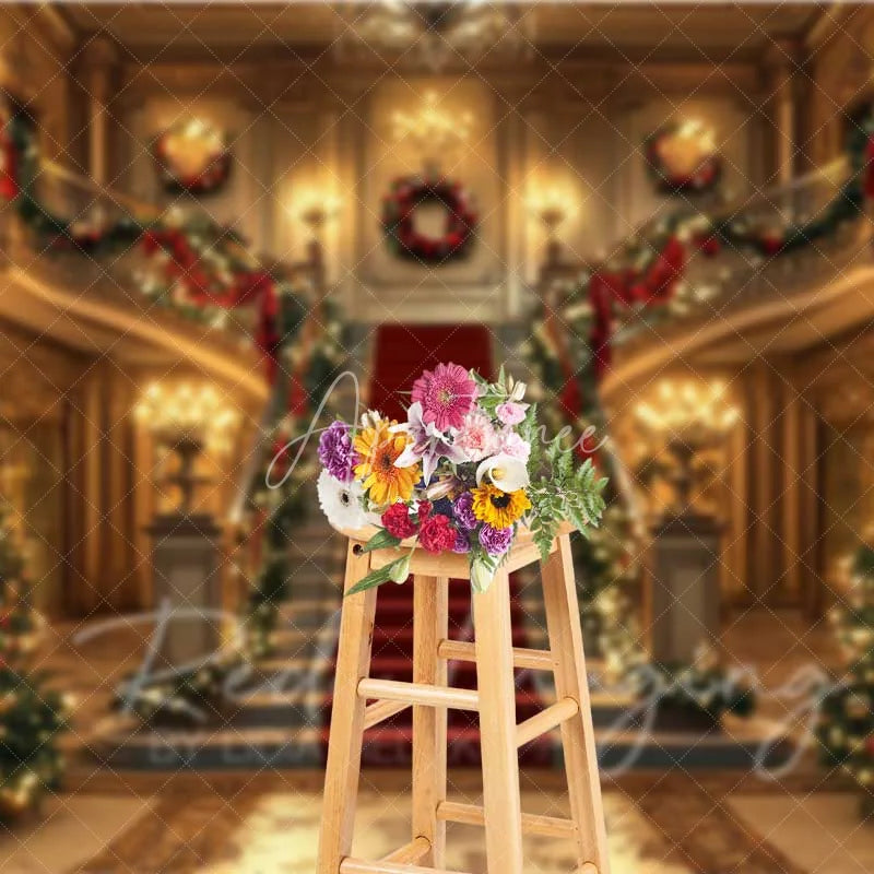 Aperturee - Aperturee Grand Palace Christmas Backdrop Red Carpet Staircase Gold Mansion Interior Photo Background
