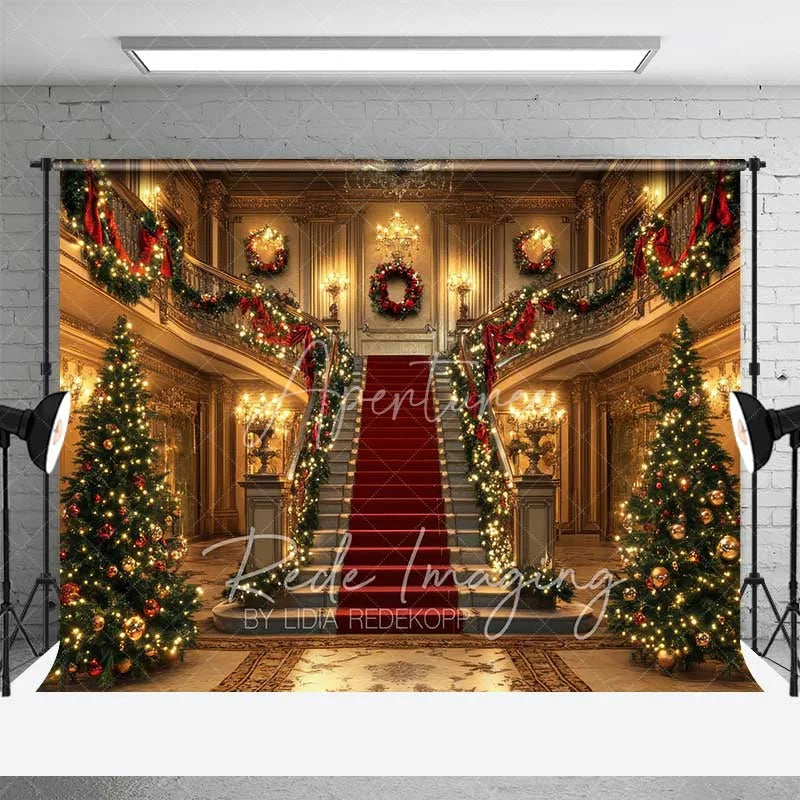 Aperturee - Aperturee Grand Palace Christmas Backdrop Red Carpet Staircase Gold Mansion Interior Photo Background