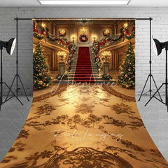 Aperturee - Aperturee Grand Palace Christmas Sweep Backdrop Red Carpet Staircase Gold Mansion Floor Photo Background