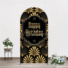 Aperturee - Aperturee Great Gatsby Happy Birthday Arch Backdrop Black and Gold Art Deco Pattern Roaring 20s Themed Party Photo Booth