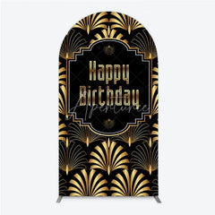 Aperturee - Aperturee Great Gatsby Happy Birthday Arch Backdrop Black and Gold Art Deco Pattern Roaring 20s Themed Party Photo Booth