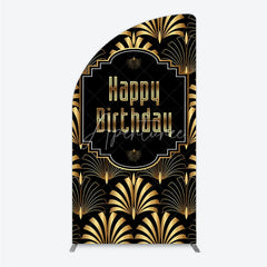 Aperturee - Aperturee Great Gatsby Happy Birthday Half Moon Arch Backdrop Black and Gold Art Deco Pattern Roaring 20s Themed Party Photo