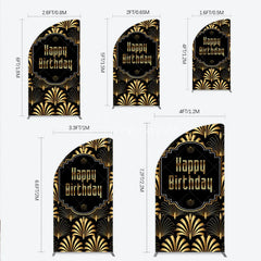 Aperturee - Aperturee Great Gatsby Happy Birthday Half Moon Arch Backdrop Black and Gold Art Deco Pattern Roaring 20s Themed Party Photo