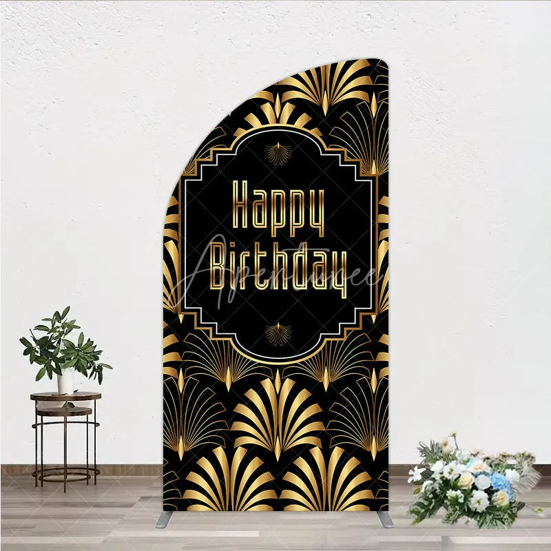 Aperturee - Aperturee Great Gatsby Happy Birthday Half Moon Arch Backdrop Black and Gold Art Deco Pattern Roaring 20s Themed Party Photo