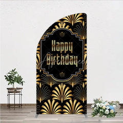 Aperturee - Aperturee Great Gatsby Happy Birthday Half Moon Arch Backdrop Black and Gold Art Deco Pattern Roaring 20s Themed Party Photo