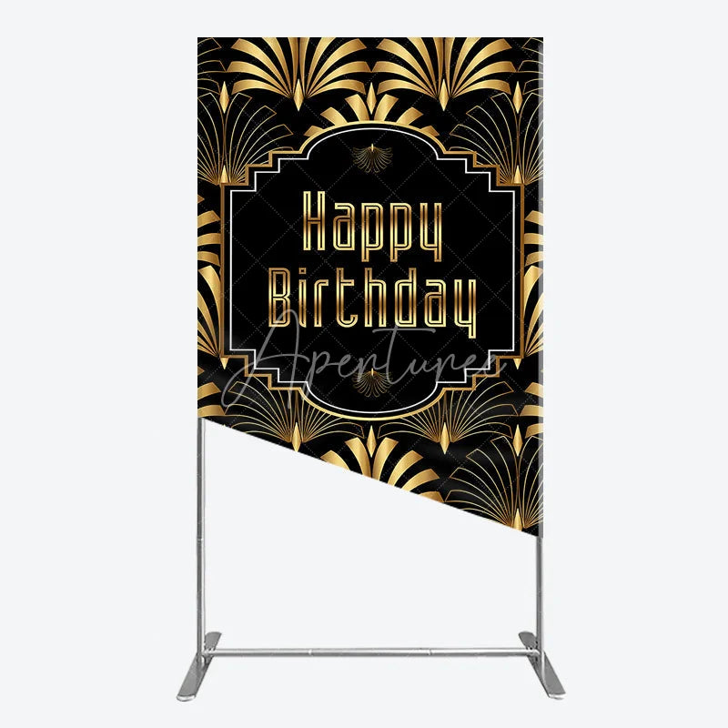 Aperturee - Aperturee Great Gatsby Happy Birthday Rectangle Backdrop Black and Gold Art Deco Pattern Roaring 20s Themed Party Photo Booth