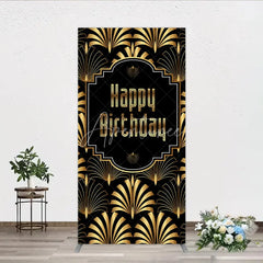 Aperturee - Aperturee Great Gatsby Happy Birthday Rectangle Backdrop Black and Gold Art Deco Pattern Roaring 20s Themed Party Photo Booth