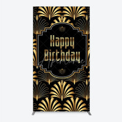 Aperturee - Aperturee Great Gatsby Happy Birthday Rectangle Backdrop Black and Gold Art Deco Pattern Roaring 20s Themed Party Photo Booth