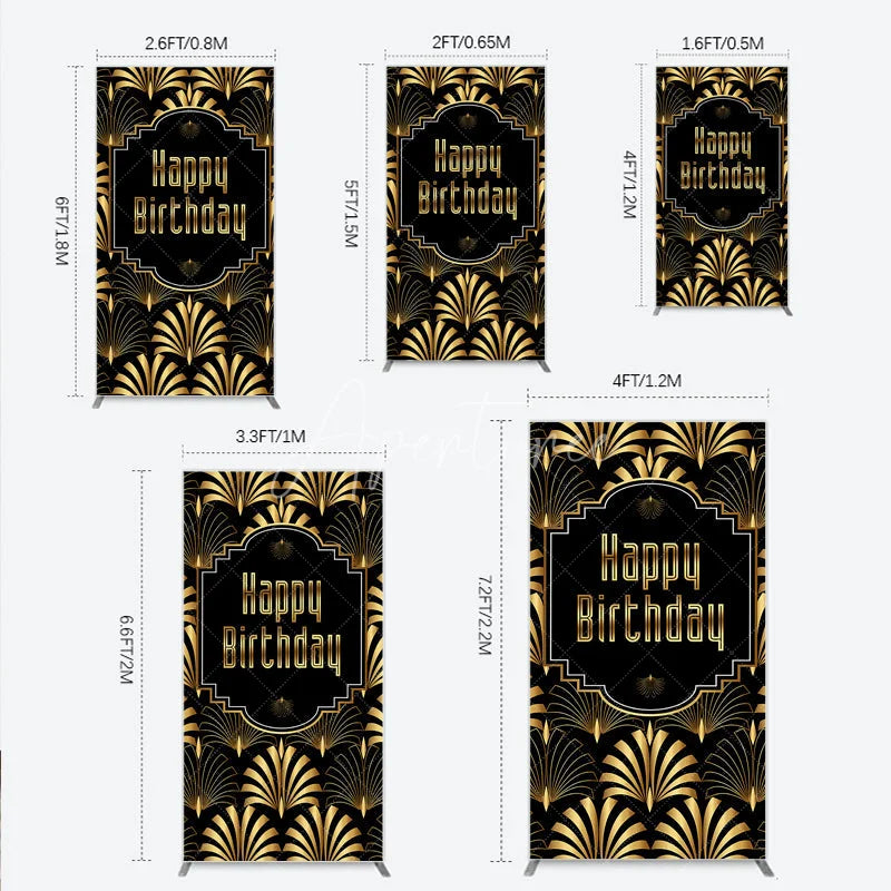 Aperturee - Aperturee Great Gatsby Happy Birthday Rectangle Backdrop Black and Gold Art Deco Pattern Roaring 20s Themed Party Photo Booth