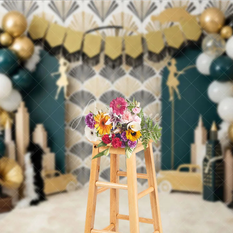 Aperturee - Aperturee Great Gatsby Theme Birthday Backdrop Art Deco Emerald Green and Gold City Skyline Cake Smash Background