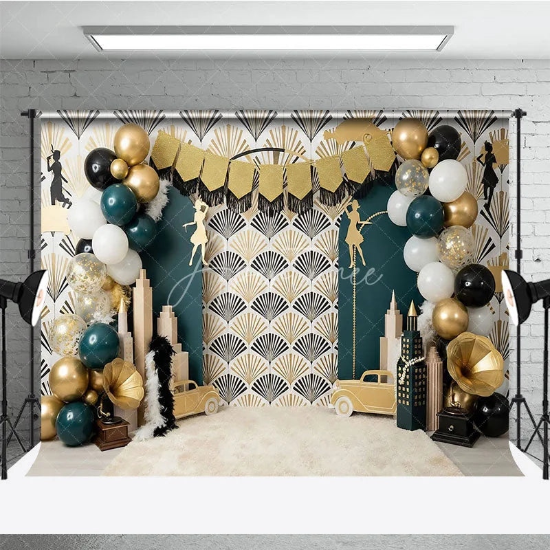 Aperturee - Aperturee Great Gatsby Theme Birthday Backdrop Art Deco Emerald Green and Gold City Skyline Cake Smash Background