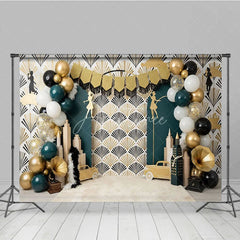 Aperturee - Aperturee Great Gatsby Theme Birthday Backdrop Art Deco Emerald Green and Gold City Skyline Cake Smash Background