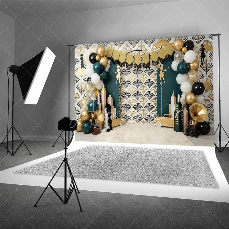 Aperturee - Aperturee Great Gatsby Theme Birthday Backdrop Art Deco Emerald Green and Gold City Skyline Cake Smash Background