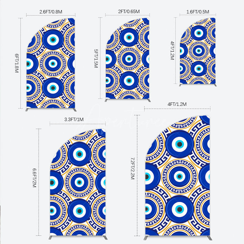 Aperturee - Aperturee Greek Evil Eye Half Moon Arch Backdrop for Birthday Party Blue and Gold Nazar Amulet Pattern Protection Themed Photo