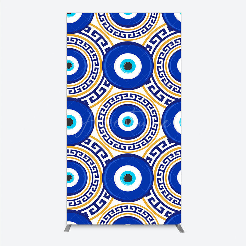 Aperturee - Aperturee Greek Evil Eye Rectangle Backdrop for Birthday Party Blue and Gold Nazar Amulet Pattern Protection Themed Photo Decor