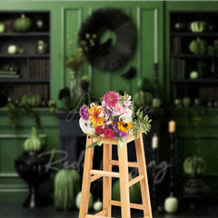 Aperturee - Aperturee Green and Black Monochromatic Halloween Photography Backdrop Elegant Fireplace with Pumpkins and Crows Decor