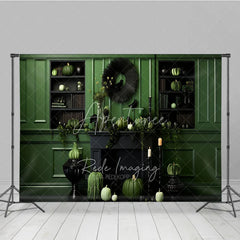 Aperturee - Aperturee Green and Black Monochromatic Halloween Photography Backdrop Elegant Fireplace with Pumpkins and Crows Decor