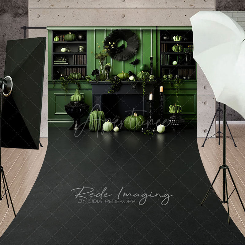 Aperturee - Aperturee Green and Black Monochromatic Halloween Sweep Backdrop Elegant Fireplace with Pumpkins Moody Photo Floor Drop