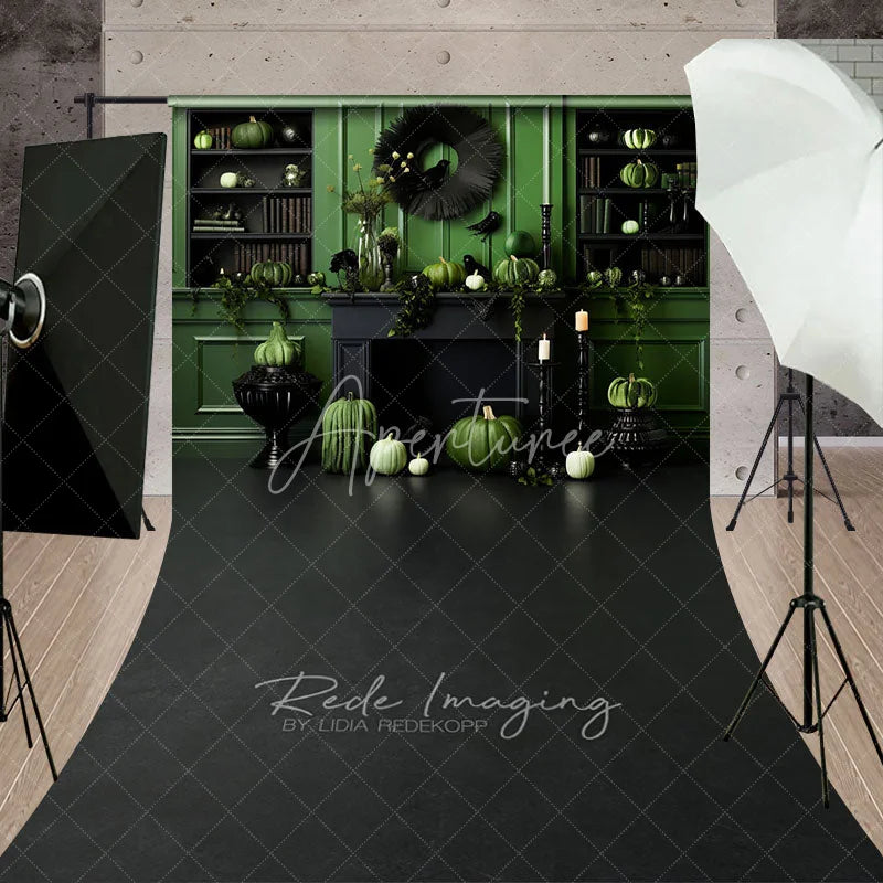 Aperturee - Aperturee Green and Black Monochromatic Halloween Sweep Backdrop Elegant Fireplace with Pumpkins Moody Photo Floor Drop