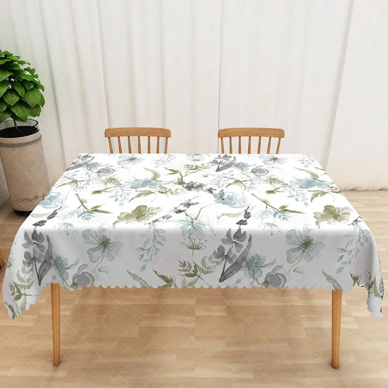 Aperturee - Aperturee Green and Blue Floral Ink Painting Rectangle Tablecloth for Artistic and Abstract Botanical Dining Decor