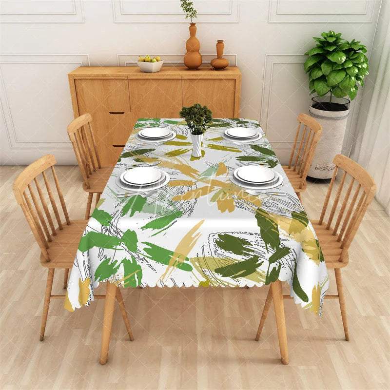 Aperturee - Aperturee Green and Gold Abstract Floral Rectangle Tablecloth Elegant Botanical Party Table Decor