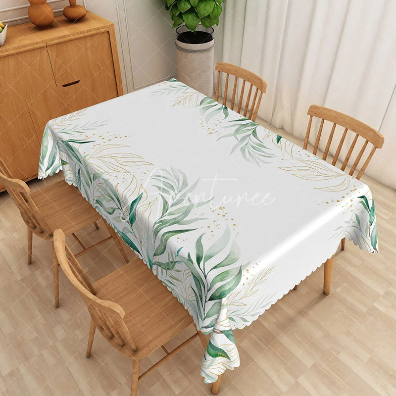 Aperturee - Aperturee Green and Gold Botanical Rectangle Tablecloth Elegant Foliage and Glitter Table Cover Luxury Decor