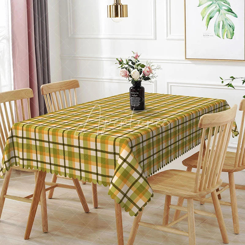 Aperturee - Aperturee Green and Orange Plaid Rectangle Tablecloth Classic Tartan Grid Pattern Fall Picnic Rustic Kitchen Dining Room Decor