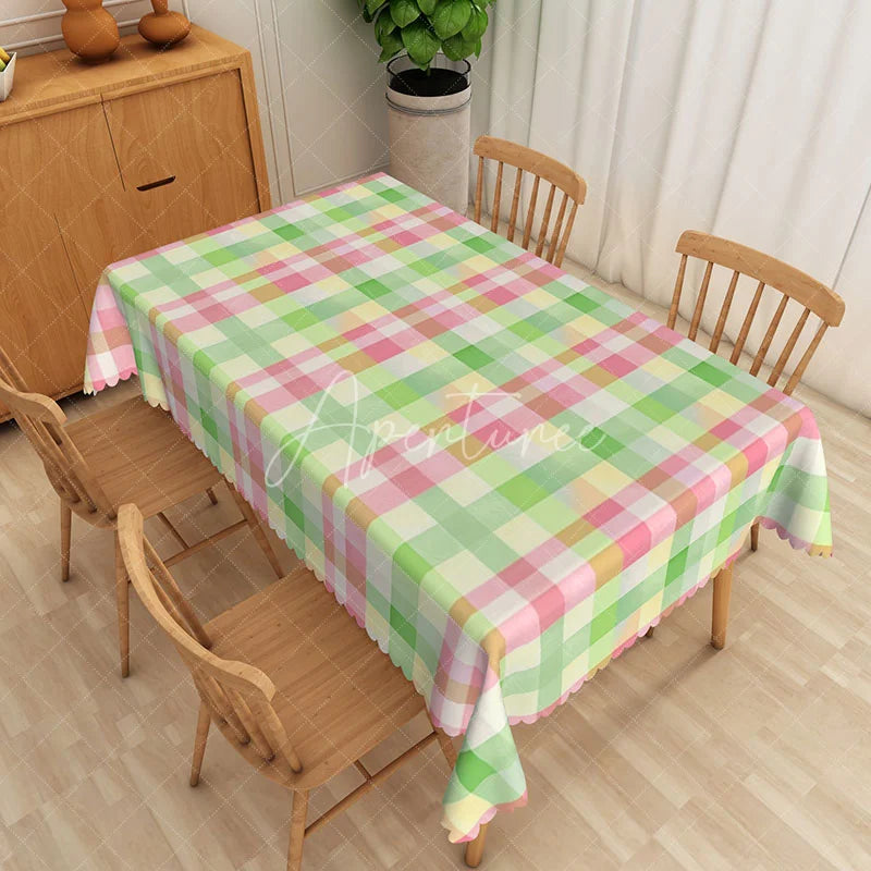 Aperturee - Aperturee Green and Pink Checkered Rectangle Tablecloth for Spring and Summer Picnic and Party Decorations