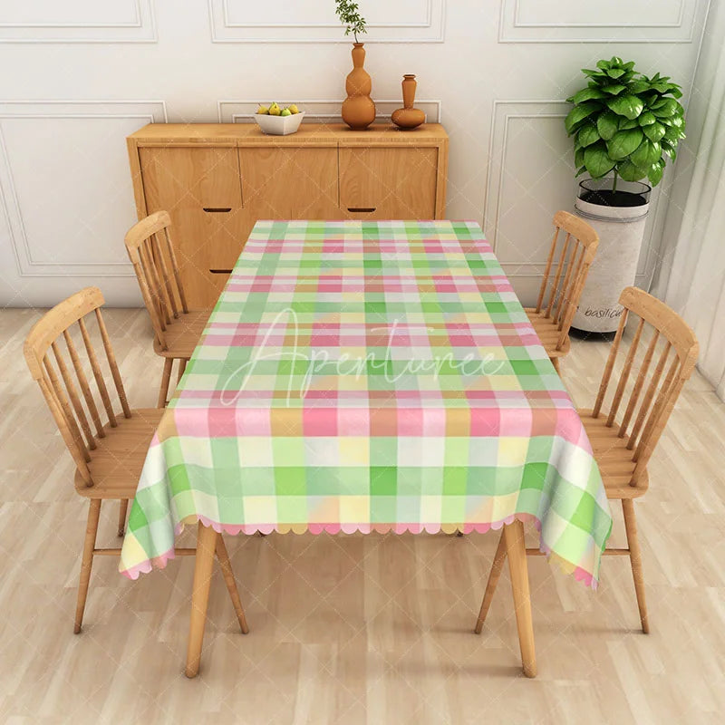 Aperturee - Aperturee Green and Pink Checkered Rectangle Tablecloth for Spring and Summer Picnic and Party Decorations
