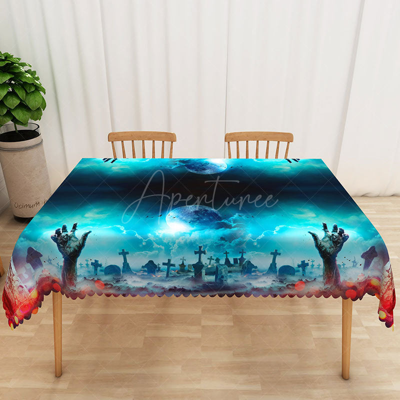 Aperturee - Aperturee Green and Red Zombie Pattern Rectangle Tablecloth for Halloween and Walking Dead Themed Party Decor