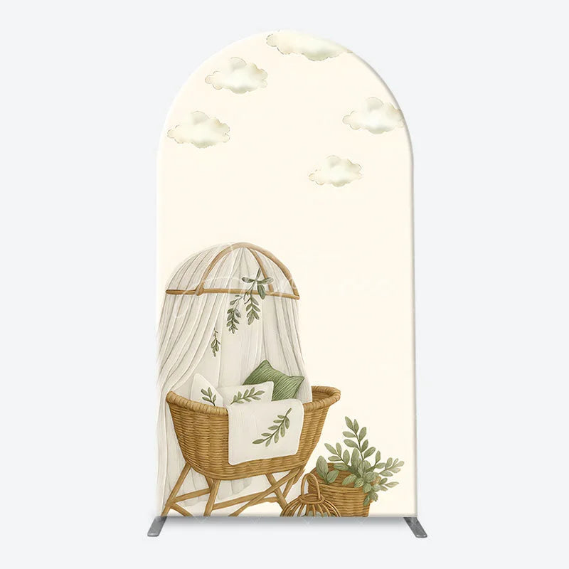 Aperturee - Aperturee Green Botanical Stork and Baby Bassinet Arch Backdrop Kit A Little Baby Is On The Way Shower Decor