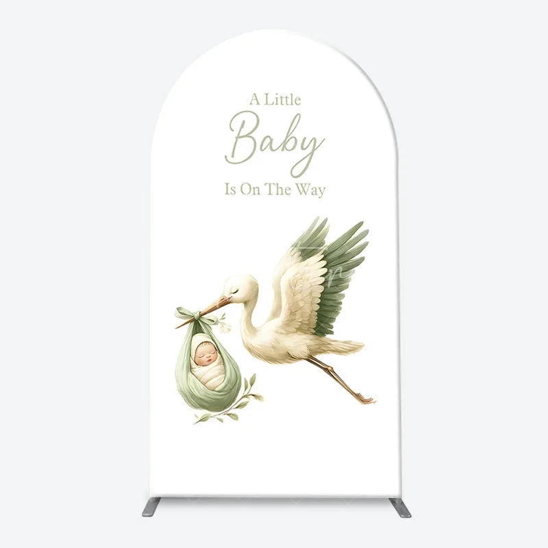 Aperturee - Aperturee Green Botanical Stork and Baby Bassinet Arch Backdrop Kit A Little Baby Is On The Way Shower Decor