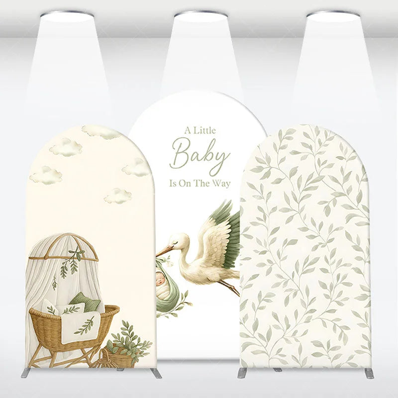 Aperturee - Aperturee Green Botanical Stork and Baby Bassinet Arch Backdrop Kit A Little Baby Is On The Way Shower Decor