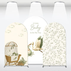 Aperturee - Aperturee Green Botanical Stork and Baby Bassinet Arch Backdrop Kit A Little Baby Is On The Way Shower Decor
