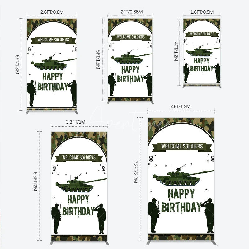 Aperturee - Aperturee Green Camouflage Army Tank Rectangle Backdrop Kit Welcome Soldiers Happy Birthday Party Decor