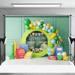 Aperturee - Aperturee Green Chalkboard Back To School Backdrop Math Numbers Globe Balloon Garland Background Student Photography Prop