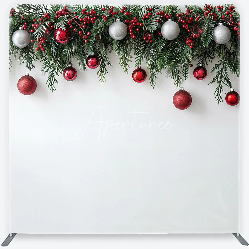 Aperturee - Aperturee Green Christmas Garland with Red Berries and Silver Ornaments Square Double-Sided Backdrop Festive Holiday Decor